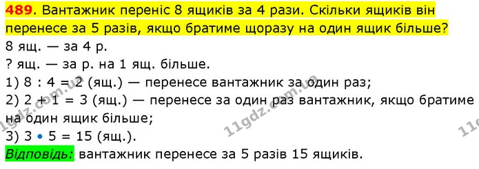 489. Вантажник переніс 8 ящиків за 4 рази. Скільки ящиків він перенесе за 5 разів, якщо братиме щоразу на один ящик більше? — ГДЗ Математика 3 клас Будна 1-2 ч.