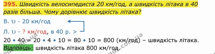 395. Швидкість велосипедиста 20 км/год, а швидкість літака в 40 разів більша. Чому дорівнює швидкість літака? — ГДЗ Математика 4 клас Заїка