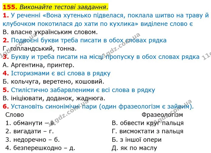 155. Виконайте тестові завдання. — ГДЗ Українська мова 6 клас Заболотний 2023