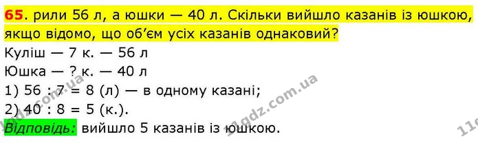 65. рили 56 л, а юшки — 40 л. Скільки вийшло казанів із юшкою, якщо відомо, що об’єм усіх казанів однаковий? — ГДЗ Математика 3 клас Козак 1-2 ч.