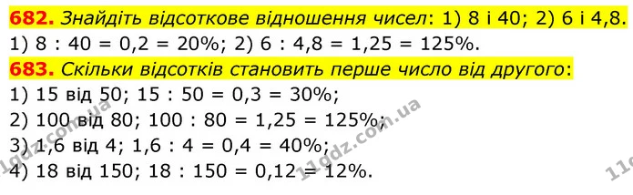 682. Знайдіть відсоткове відношення чисел: 1) 8 і 40; 2) 6 і 4,8. — ГДЗ Математика 6 клас Кравчук 2023