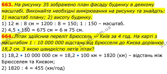 663. На рисунку 35 зображено план фасаду будинку в деякому масштабі. Виконайте необхідні вимірювання на рисунку та знайдіть: 1) масштаб — ГДЗ Математика 6 клас Кравчук 2023