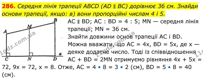 286. Середня лінія трапеції ABCD (АD ∥ ВС) дорівнює 36 см. Знайди — ГДЗ Геометрія 8 клас Бевз