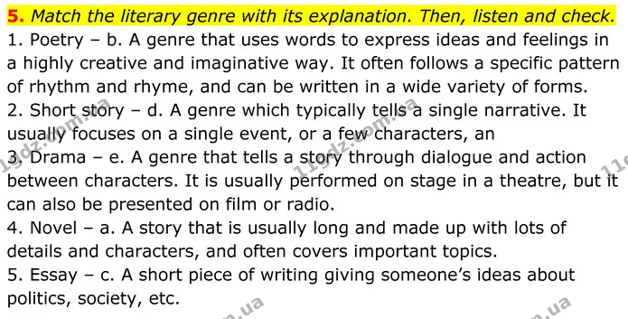 5. Match the literary genre with its explanation. Then, listen and check. — ГДЗ Англійська мова 7 клас Коста