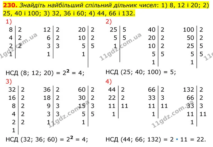 230. Знайдіть найбільший спільний дільник чисел: 1) 8, 12 і 20; 2) 25, 40 і 100; 3) 32, 36 і 60; 4) 44, 66 і 132. — ГДЗ Математика 6 клас Тарасенкова 2023 1-2 ч.