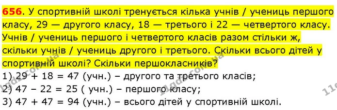 656. У спортивній школі тренується кілька учнів / учениць першого класу, 29 — другого класу, 18 — третього і 22 — четвертого класу — ГДЗ Математика 3 клас Козак 1-2 ч.