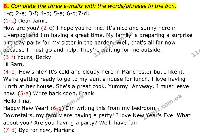 B. Complete the three e-mails with the words/phrases in the box. — ГДЗ зошит Англійська мова 5 клас Мітчелл