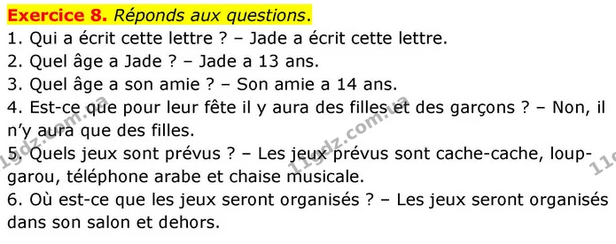Exercice 8. Réponds aux questions. — ГДЗ Французька мова 7 клас Чумак