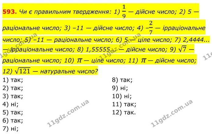 593. Чи є правильним твердження: 1) 19 — дійсне число; 2) 5 — раціональне число; 3) –11 — дійсне число; 4) –27 — ірраціональне число — ГДЗ Алгебра 8 клас Тарасенкова