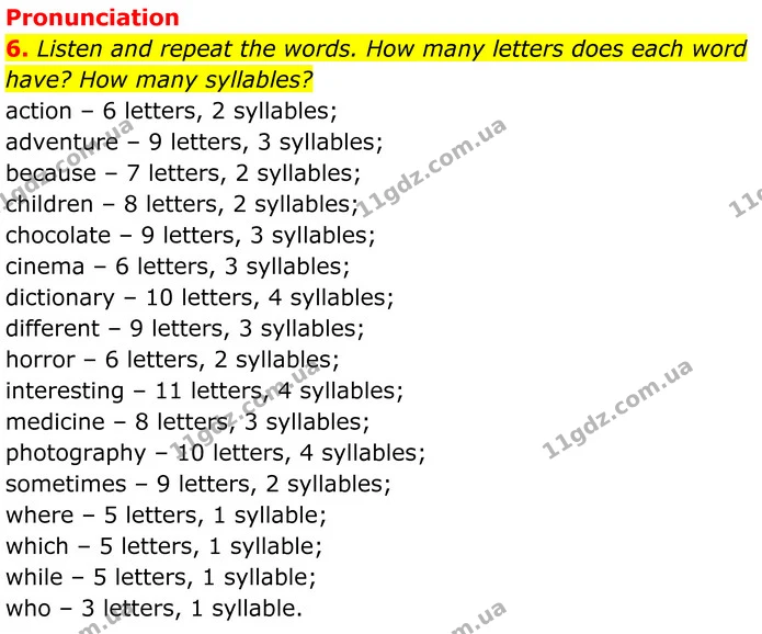 6. Listen and repeat the words. How many letters does each word have? How many syllables? — ГДЗ Англійська мова 7 клас Коста