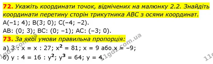 72. Укажіть координати точок, відмічених на малюнку 2.2. Знайдіть координати перетину сторін трикутника АВС з осями координат. — ГДЗ Алгебра 7 клас Бевз