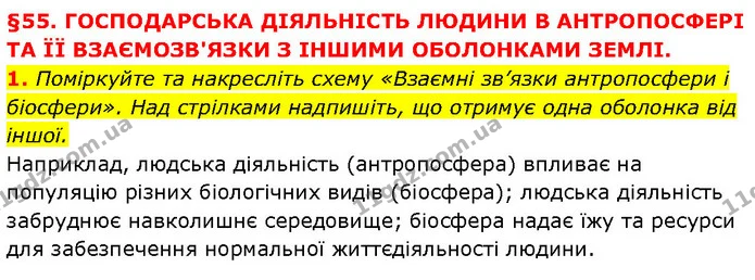 1. Поміркуйте та накресліть схему «Взаємні зв’язки антропосфери і біосфери». Над стрілками надпишіть, що отримує одна оболонка від — ГДЗ Географія 6 клас Запотоцький