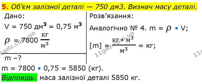 5. Об’єм залізної деталі — 750 дм3. Визнач масу деталі. — ГДЗ Фізика 7 клас Засєкіна