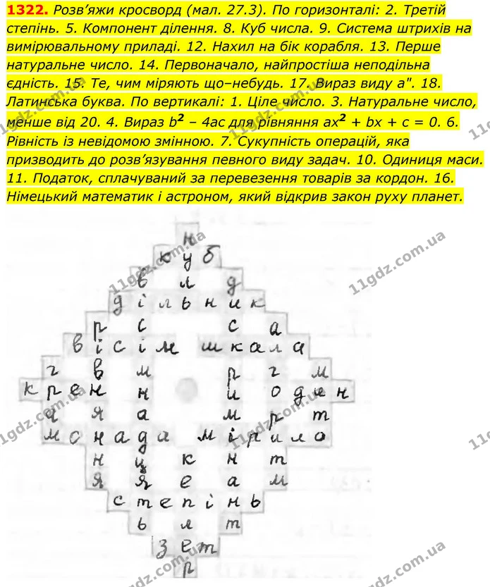 1322. Розв’яжи кросворд (мал. 27.3). По горизонталі: 2. Третій степінь. 5. Компонент ділення. 8. Куб числа. 9. Система штрихів на — ГДЗ Алгебра 8 клас Бевз