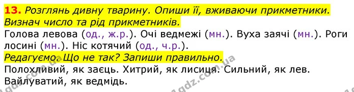 13. Розглянь дивну тварину. Опиши її, вживаючи прикметники. Визнач число та рід прикметників. — ГДЗ Українська мова та читання 3 клас Большакова 1-2 ч.