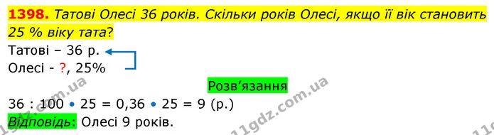 1398. Татові Олесі 36 років. Скільки років Олесі, якщо її вік становить 25 % віку тата? — ГДЗ Математика 5 клас Тарасенкова 2022