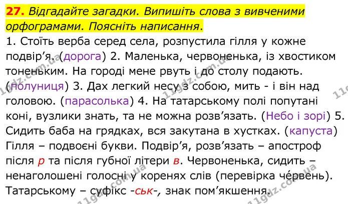 27. Відгадайте загадки. Випишіть слова з вивченими орфограмами. Поясніть написання. — ГДЗ Українська мова 6 клас Заболотний 2020