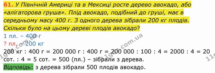 61. У Північній Америці та в Мексиці росте дерево авокадо, або «алігаторова груша». Плід авокадо, подібний до груші, має в середньому — ГДЗ Математика 4 клас Оляницька