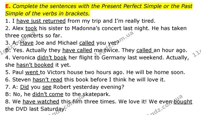 E. Complete the sentences with the Present Perfect Simple or the Past Simple of the verbs in brackets. — ГДЗ Робочий зошит Англійська мова 6 клас Мітчелл