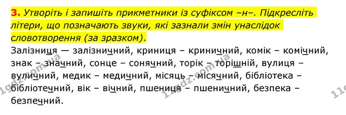 3. Утворіть і запишіть прикметники із суфіксом –н–. Підкресліть літери, що позначають звуки, які зазнали змін унаслідок словотворення — ГДЗ Українська мова 6 клас Авраменко