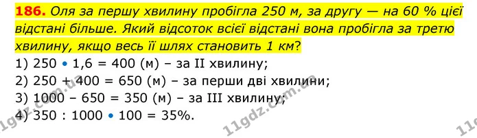 186. Оля за першу хвилину пробігла 250 м, за другу — на 60 % цієї відстані більше. Який відсоток всієї відстані вона пробігла за третю — ГДЗ Математика 6 клас Бевз 1-2 ч.
