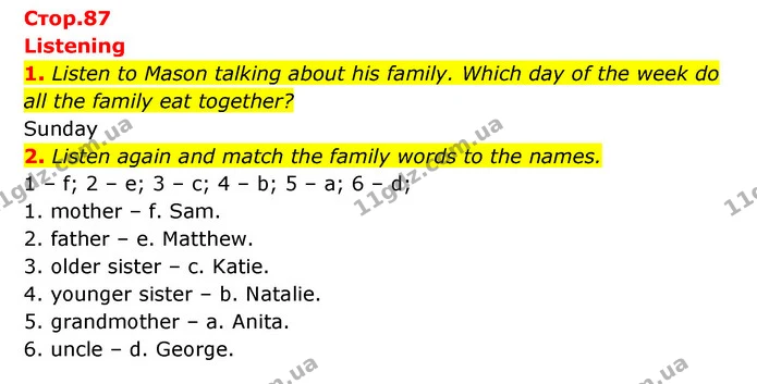 1. Listen to Mason talking about his family. Which day of the week do all the family eat together? — ГДЗ робочий зошит Англійська мова 6 клас Prepare