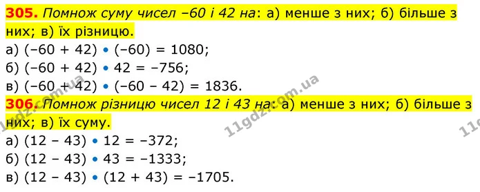305. Помнож суму чисел –60 і 42 на: а) менше з них; б) більше з них; в) їх різницю. — ГДЗ Математика 6 клас Бевз 1-2 ч.