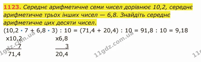 1123. Середнє арифметичне семи чисел дорівнює 10,2, середнє арифметичне трьох інших чисел — 6,8. Знайдіть середнє арифметичне цих — ГДЗ Математика 5 клас Мерзляк