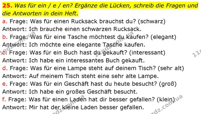 25. Was für ein / e / en? Ergänze die Lücken, schreib die Fragen und die Antworten in dein Heft. — ГДЗ Німецька мова 7 клас Басай