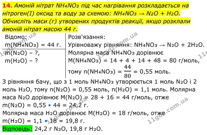 14. Амоній нітрат NH₄NO₃ під час нагрівання розкладається на нітроген(I) оксид та воду за схемою: NH₄NO₃ → N₂O + H₂O. Обчисліть маси — ГДЗ Хімія 8 клас Мідак
