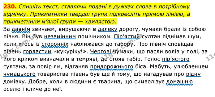 230. Спишіть текст, ставлячи подані в дужках слова в потрібному відмінку. Прикметники твердої групи підкресліть прямою лінією, а — ГДЗ Українська мова 6 клас Ворон, Солопенко