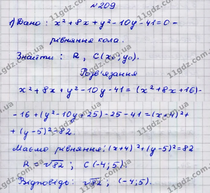 209. Знайдіть радіус і центр кола: — ГДЗ Геометрія 9 клас Бурда 2017