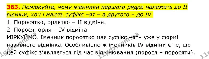 363. Поміркуйте, чому іменники першого рядка належать до II відміни, хоч і мають суфікс –ят – а другого – до IV. — ГДЗ Українська мова 6 клас Заболотний 2023
