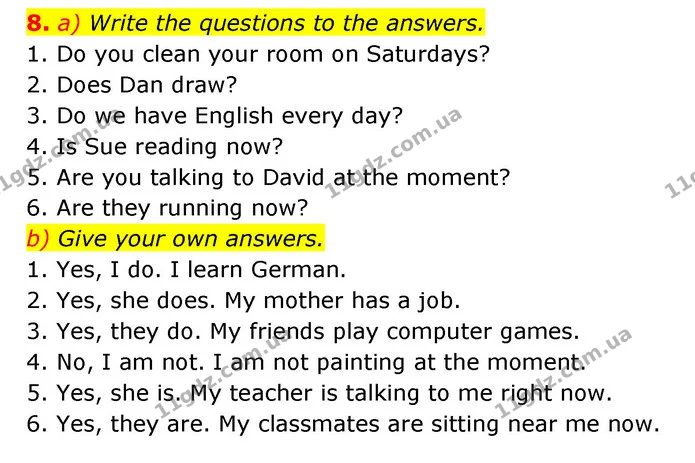 8. a) Write the questions to the answers. — ГДЗ Зошит з Граматики Англійська мова 6 клас Карпюк