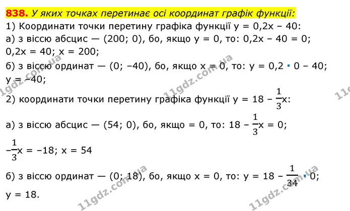 838. У яких точках перетинає осі координат графік функції: — ГДЗ Алгебра 7 клас Істер 2020