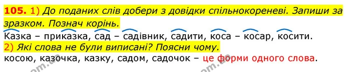 105. 1) До поданих слів добери з довідки спільнокореневі. Запиши за зразком. Познач корінь. — ГДЗ Українська мова та читання 3 клас Коваленко (1 частина)