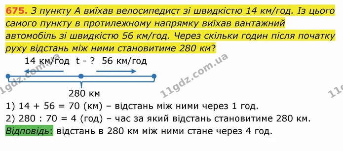 675. З пункту А виїхав велосипедист зі швидкістю 14 км/год. Із цього самого пункту в протилежному напрямку виїхав вантажний автомобіль — ГДЗ Математика 4 клас Оляницька