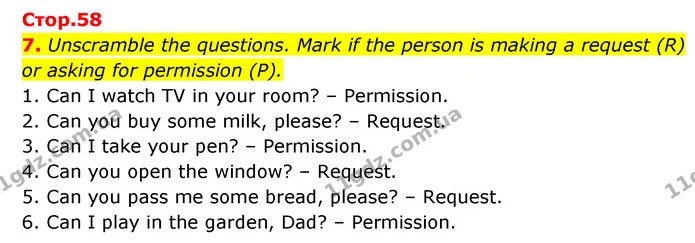 7. Unscramble the questions. Mark if the person is making a request (R) or asking for permission (P). — ГДЗ Робочий зошит Англійська мова 5 клас Косован (Дж. Коста)
