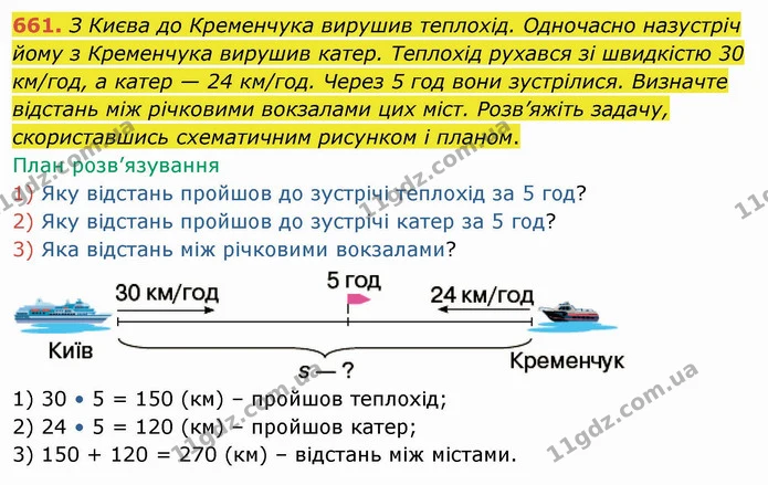 661. З Києва до Кременчука вирушив теплохід. Одночасно назустріч йому з Кременчука вирушив катер. Теплохід рухався зі швидкістю 30 — ГДЗ Математика 4 клас Оляницька