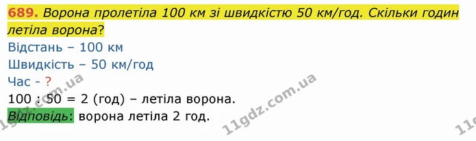 689. Ворона пролетіла 100 км зі швидкістю 50 км/год. Скільки годин летіла ворона? — ГДЗ Математика 4 клас Оляницька