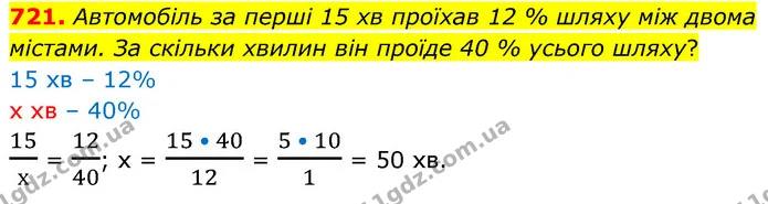 721. Автомобіль за перші 15 хв проїхав 12 % шляху між двома містами. За скільки хвилин він проїде 40 % усього шляху? — ГДЗ Математика 6 клас Кравчук 2023