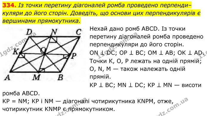 334. Із точки перетину діагоналей ромба проведено перпенди–куляри до його сторін. Доведіть, що основи цих перпендикулярів є вершинами — ГДЗ Геометрія 8 клас Бурда
