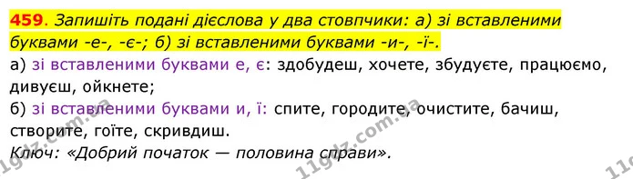 459. Запишіть подані дієслова у два стовпчики: а) зі вставленими буквами -е-, -є-; б) зі вставленими буквами -и-, -ї-. — ГДЗ Українська мова 6 клас Ворон, Солопенко