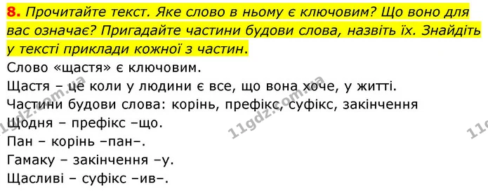 8. Прочитайте текст. Яке слово в ньому є ключовим? Що воно для вас означає? Пригадайте частини будови слова, назвіть їх. Знайдіть у — ГДЗ Українська мова 6 клас Голуб 2023