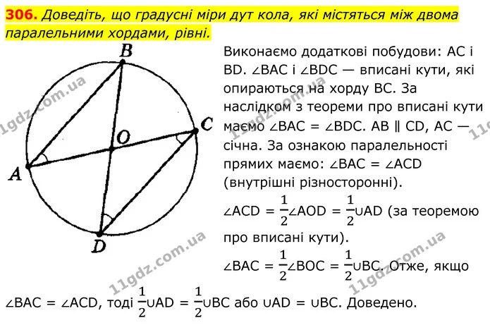 306. Доведіть, що градусні міри дут кола, які містяться між двома паралельними хордами, рівні. — ГДЗ Геометрія 8 клас Мерзляк