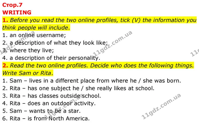 1. Before you read the two online profiles, tick (V) the information you think people will include. — ГДЗ робочий зошит Англійська мова 8 клас Гарет Джонс 2025