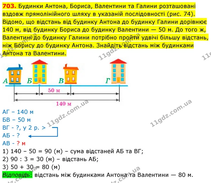 703. Будинки Антона, Бориса, Валентини та Галини розташовані вздовж прямолінійного шляху в указаній послідовності (рис. 74). Відомо, що — ГДЗ Математика 5 клас Кравчук