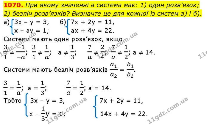 1070. При якому значенні а система має: 1) один розв’язок; — ГДЗ Алгебра 7 клас Бевз