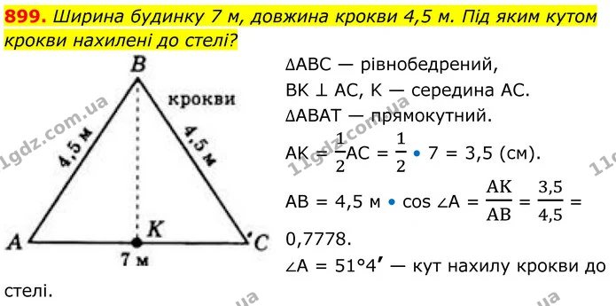 899. Ширина будинку 7 м, довжина крокви 4,5 м. Під яким кутом крокви нахилені до стелі? — ГДЗ Геометрія 8 клас Бевз