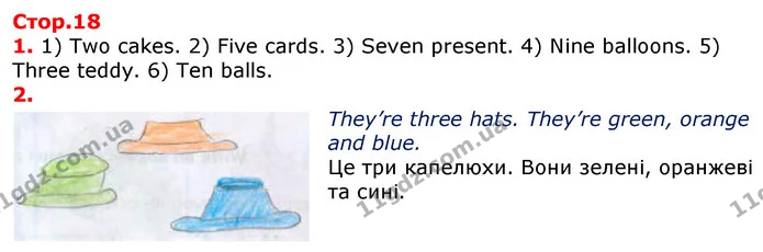 1. 1) Two cakes. 2) Five cards. 3) Seven present. 4) Nine balloons. 5) Three teddy. 6) Ten balls. — ГДЗ Робочий зошит Англійська мова 2 клас Косован (Мітчелл)